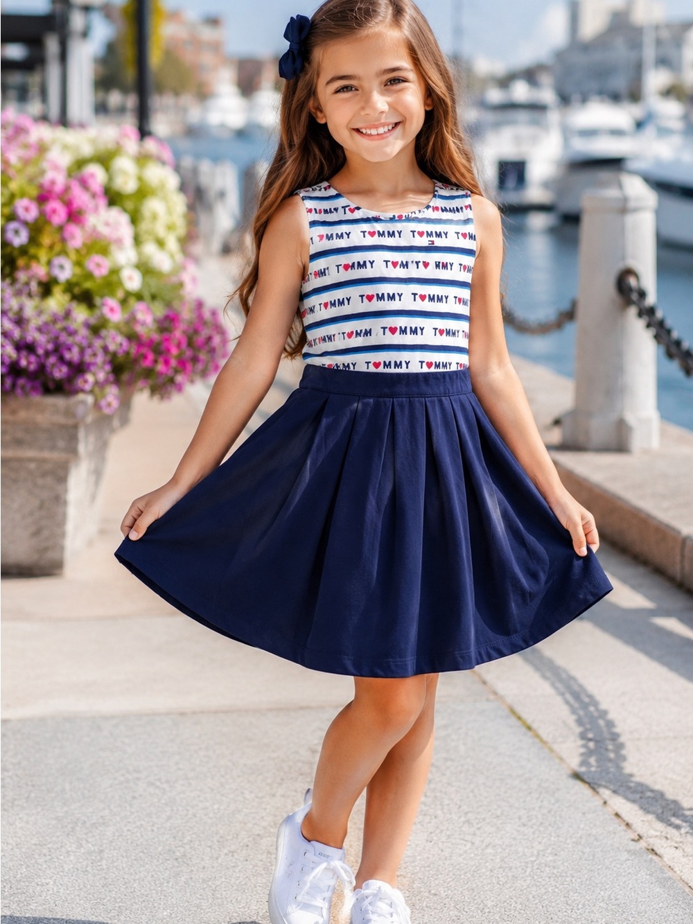 Tommy Hilfiger White Navy & Pink Logo Girls' Dress